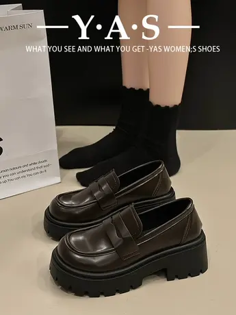 厚底英伦风小皮鞋女2023新款秋冬季女鞋加绒一脚蹬单鞋黑色乐福鞋商品大图