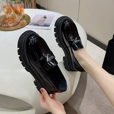 复古乐福鞋女2024春秋新款一脚蹬ins粗跟厚底英伦单鞋超火小皮鞋商品大图