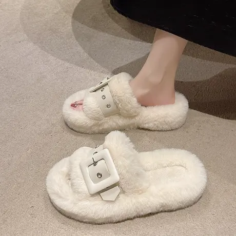 时尚皮带扣毛毛拖鞋女室内居家保暖毛绒防滑踩屎感厚底露趾棉拖鞋商品大图