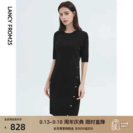 朗姿法式复古休闲黑色短袖显瘦针织连衣裙女2022年秋季新款裙子商品大图