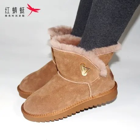 红蜻蜓女鞋新款牛皮雪地靴加绒防滑短靴厚绒防寒高帮棉鞋舒适保暖图片