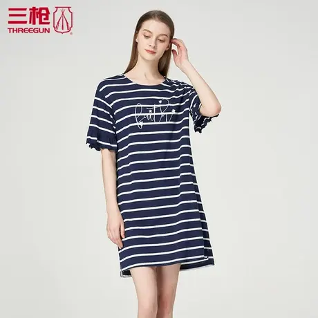 三枪睡裙女夏 彩条水柔棉圆领短袖女士家居裙条纹起居裙休闲70431图片