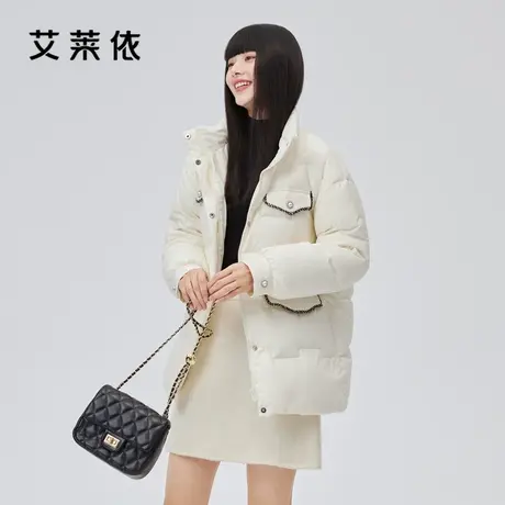 艾莱依小香风羽绒服女2022新款立领口袋收腰短款轻奢冬季鸭绒外套商品大图
