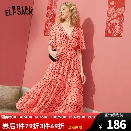 妖精的口袋短袖v领碎花连衣裙女2023夏季新款收腰显瘦度假风裙子图片