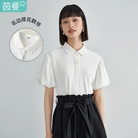 【商场同款】茵曼花边翻领T恤女2023春季新款泡泡袖宽松气质上衣图片