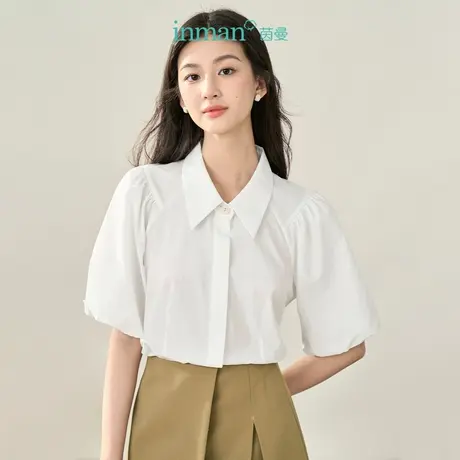 【商场同款】茵曼纯色衬衣2023秋季女装新款尖角领短袖灯笼袖上衣商品大图