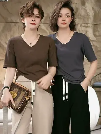 春夏新款纯色V领短袖女经典百搭休闲款上衣简约修身显瘦洋气T恤潮商品大图