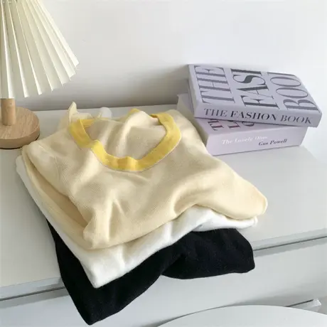 软糯亲肤 撞色针织U领长袖打底针织衫女气质内搭外穿高级感上衣女图片