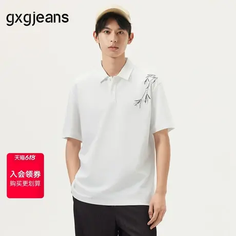 gxg.jeans男装 白色新中式质感绣花翻领短袖t恤polo衫 25年夏新品图片