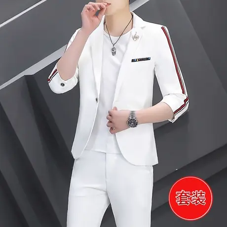 薄款七分中袖西装三件套男士夏季韩版潮流发型师主持休闲西服套装商品大图