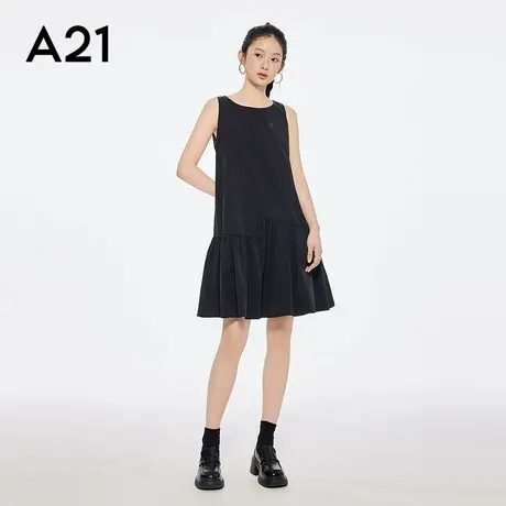 a21女装新款时尚简约小黑裙圆领无袖拼接压褶连衣裙黑色a字裙子图片