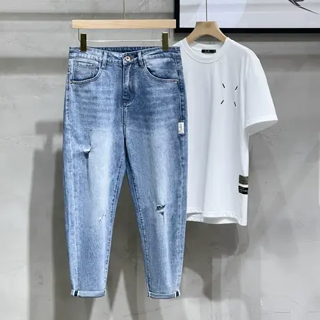 浅色牛仔裤男宽松直筒破洞休闲潮牌九分裤子夏季薄款长裤弹力春秋图片