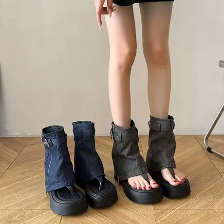 厚底夹趾凉鞋女夏季2025新款小众设计感堆堆短靴牛仔裤管罗马凉靴图片