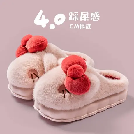 可爱蝴蝶结棉拖鞋女2025新款秋冬季月子保暖室内厚底毛毛拖鞋外穿商品大图