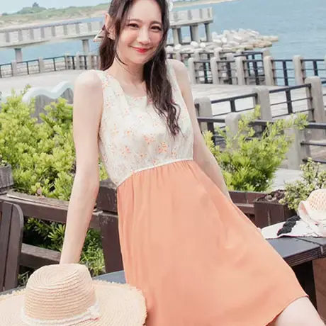 桔熊夏季度假风露背碎花收腰口袋无袖连衣裙子女胖妹妹大码DA8859图片