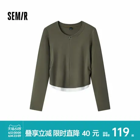 [商场同款]森马长袖T恤女短款撞色假两件秋2024新款修身衣服百搭商品大图