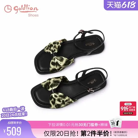 金利来蝴蝶结豹纹凉鞋女2025夏季新款女鞋时尚一字带休闲平底凉鞋图片