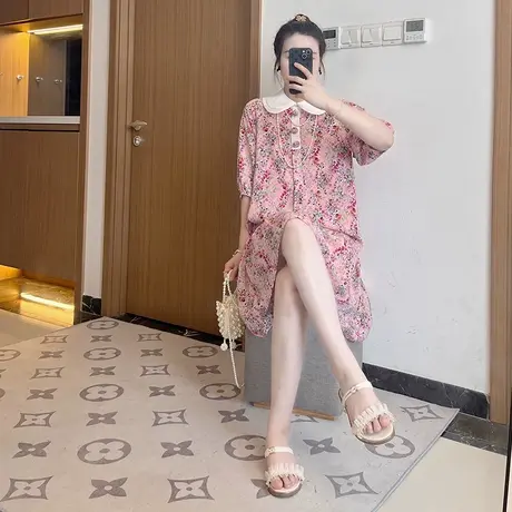 翻领粉色碎花连衣裙2024新款女海边度假气质裙子夏季大码胖mm图片