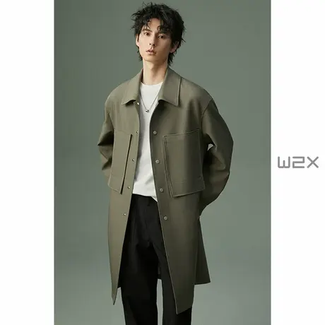 w2x2024春秋季新款风衣男中长款设计感百搭休闲外套翻领上衣潮流图片