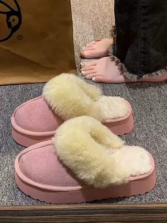 网红毛毛拖鞋女外穿2023年秋冬新款厚底松糕加绒防滑包头棉拖鞋潮图片