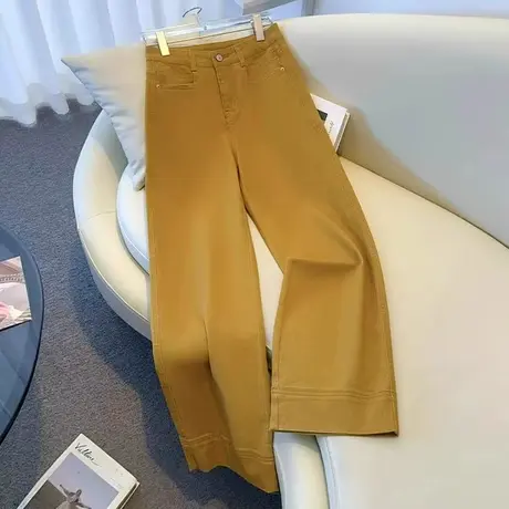 拉夏贝尔姜黄色窄版阔腿牛仔裤女2025春秋款高腰显瘦百搭直筒长裤图片