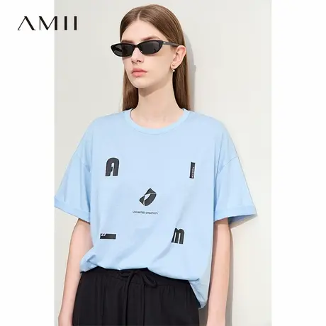 Amii2025夏新款百搭丝光全棉字母印花落肩短袖中长套头T恤女款商品大图
