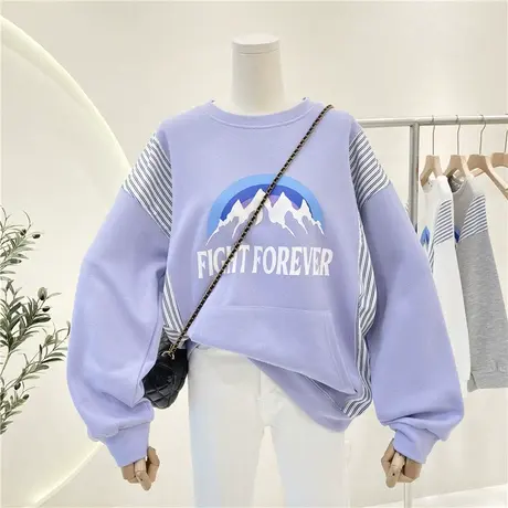 卫衣女春秋薄款2021新款韩版ins潮字母印花拼接条纹宽松套头上衣商品大图