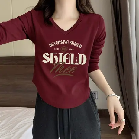 美式复古chic短款长袖T恤女春秋新款V领设计感小众ins打底衫上衣商品大图