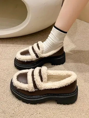 小皮鞋女2023新款秋冬厚底加绒棉鞋外穿毛毛单鞋一脚蹬黑色乐福鞋商品大图