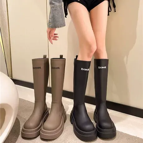 厚底长筒靴女2023年春秋季新款小个子复古显瘦靴子粗跟高跟骑士靴图片