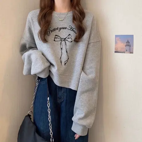 短款灰色卫衣女秋冬2025新款爆款小个子套头宽松小众长袖圆领上衣商品大图