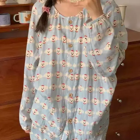 新品！春秋季可爱蓝色小狗长袖长裤睡衣柔软可爱少女家居服可外穿商品大图