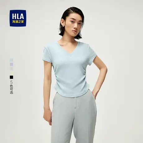 HLA/海澜之家休闲时尚微弹短袖V领T恤2025春夏季新款透气上衣女装商品大图