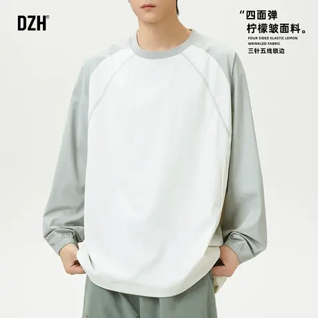 男士微弹休闲长袖t恤男2025新款情侣款撞色拼接上衣圆领卫衣薄款商品大图