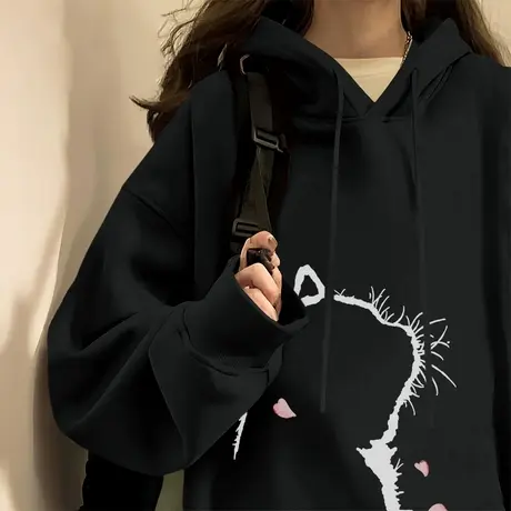 KV真维斯黑色连帽卫衣女2025新款爆款春秋季运动休闲外套宽松上衣商品大图
