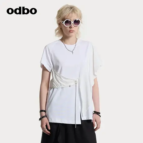 odbo/欧迪比欧短袖女t恤新款开叉荷叶边上衣休闲不规则圆领设计感商品大图