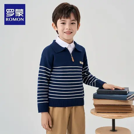 罗蒙儿童针织衫男童毛衣藏青色毛衫蓝色校园服Polo衫领开衫外套商品大图