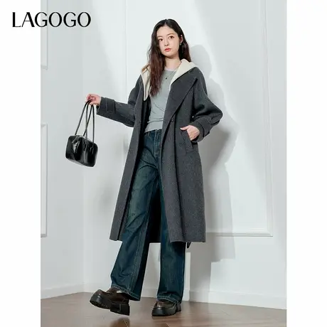 【100绵羊毛】LAGOGO双面呢大衣女拉谷谷2024年冬新款保暖长外套商品大图