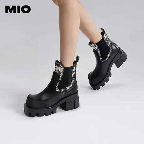 MIO米奥冬季靴子拼色高跟户外靴加绒酷感切尔西女靴图片