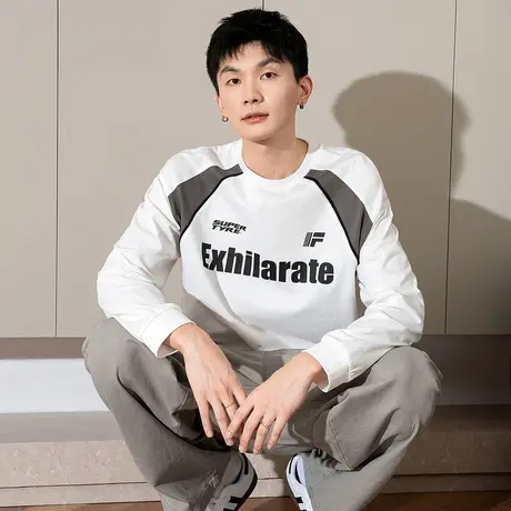 唐狮春新款长袖T恤男圆领印花打底衫黑色宽松撞色学院风上衣TD图片