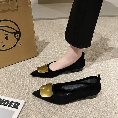 鞋子女2023年春秋季新款绒面方扣设计感一脚蹬单鞋尖头浅口平底鞋商品大图