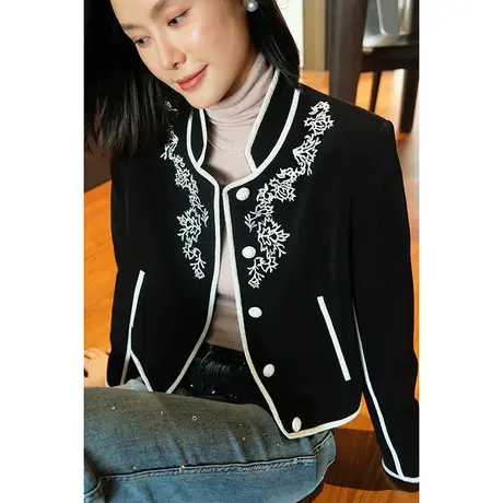 2023秋冬新款女装复古高端刺绣立领修身撞色女士黑色短款外套图片