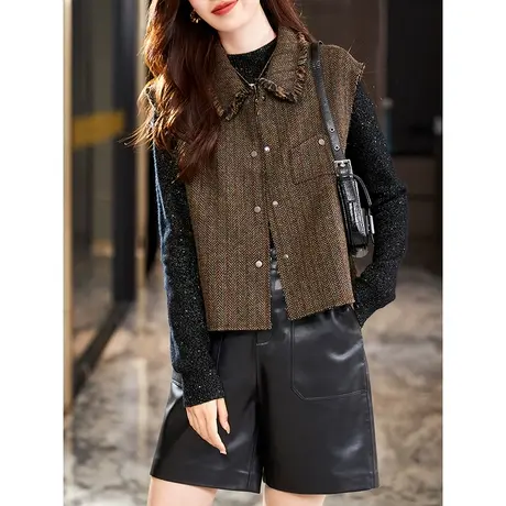 宝诗黎翻领宽松条纹羊毛马甲外套2023秋季新款时尚外搭上衣背心女商品大图