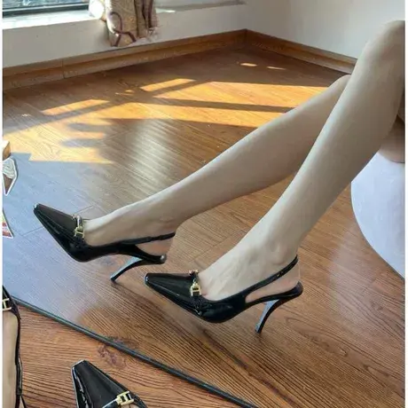 黑色高跟鞋女2023年新款漆皮方头细跟气质性感法式小众单鞋女凉鞋图片