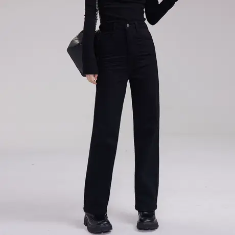 高腰复古加厚植绒牛仔裤女秋冬2023新款黑色烟管裤显瘦窄版直筒裤图片