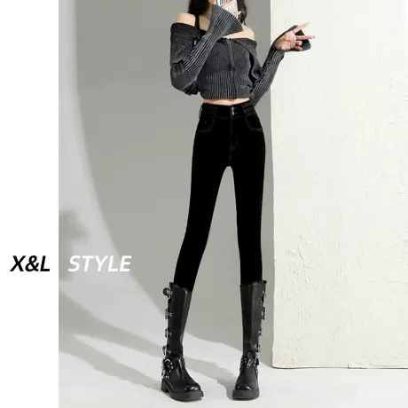 黑色加绒小脚牛仔裤女秋冬2023新款加厚高腰显瘦紧身九分铅笔裤子商品大图