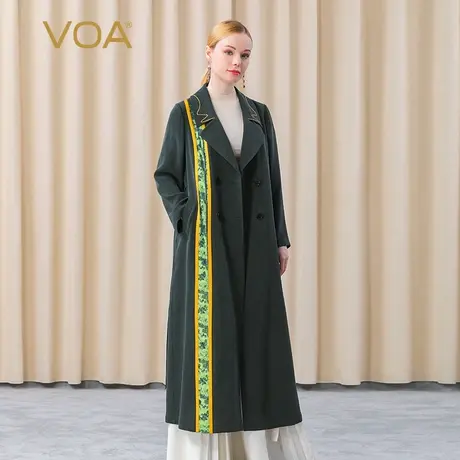 VOA重磅真丝30姆米翻领拱针绣花不对称拼接双排扣绑带桑蚕丝外套商品大图