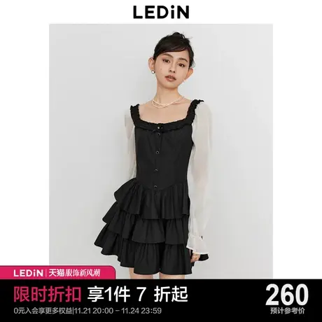 乐町气质U领浪漫连衣裙2023年秋季新款黑白拼接连衣裙三层蛋糕裙商品大图