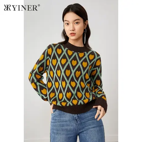 YINER音儿奥莱女装秋季圆领艺术图案毛针织衫商品大图