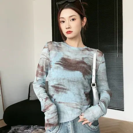 尔给薄款慵懒风防晒衫女2023新款夏季扎染网纱防晒长袖短款上衣图片